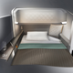 Seats within the enclosed passenger islands extend into beds.